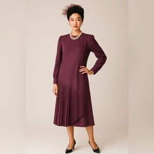Hanae Mori Vintage 1980s Purple Wool Midi Dress Bishop Sleeve Pleated Skirt